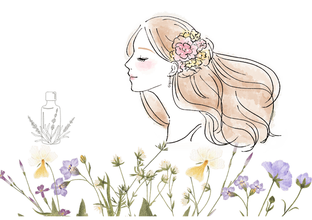 アロマとお花畑の女性